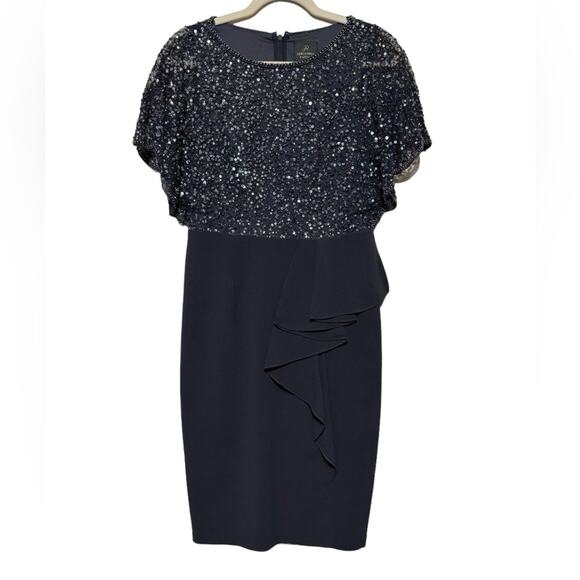 Adrianna‎ Papell Blue Beaded Sequin Ruffle Formal Pencil Dress Women’s Size 4 - Picture 1 of 6